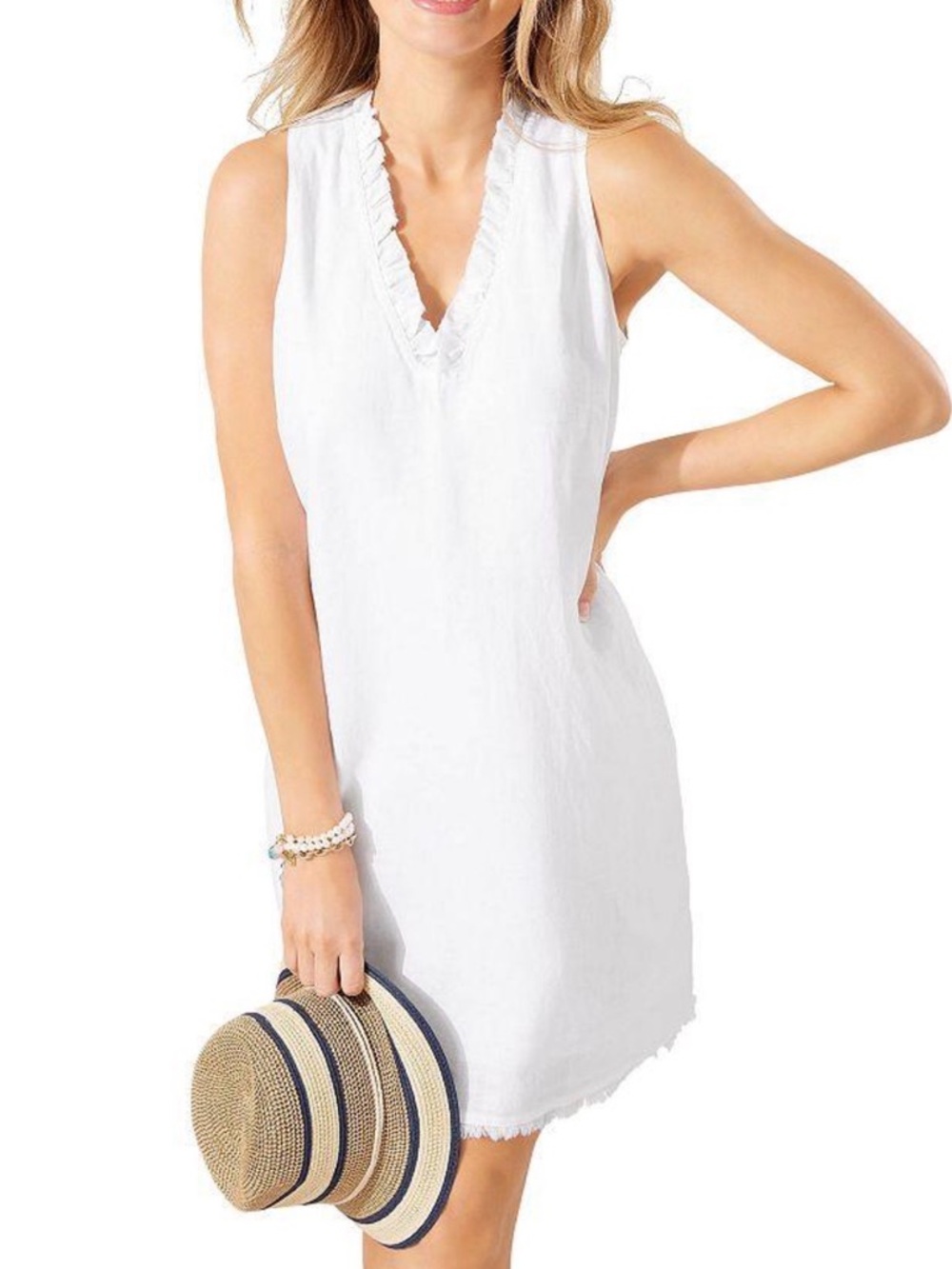 Tommy Bahama White Sleeveless Ruffle V-Neck Linen Dress